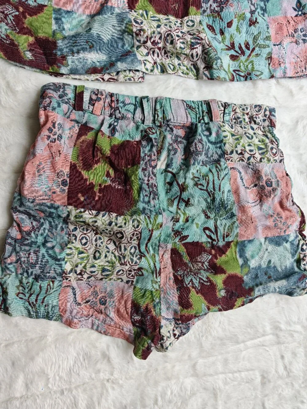 Free People 3 Piece Patchwork Linen Blend Set S Boho Kimono Shorts Bralette Fest